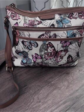 Rosetti White Crossbody Bag with Butterfly Print and Brown Trim